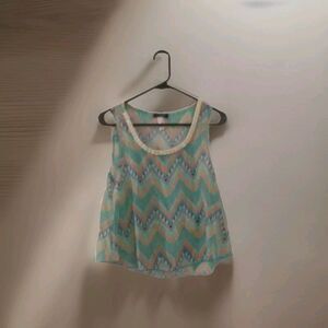 Deb Brand Sheer Tank Top Aztec Print w/ Beaded Neckline Size  S